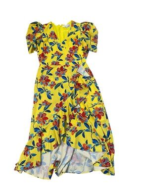 Adelyn Rae Bright Colorful Yellow Multi Floral Short Puff Sleeve Midi Dress